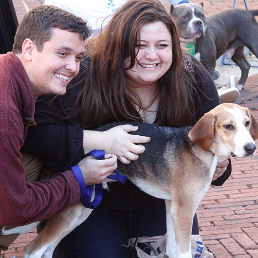 a lucky dog being adopted by a loving family